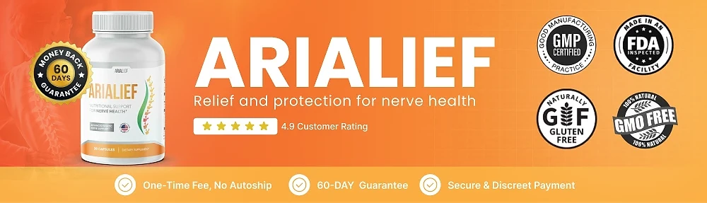 Arialief: 60-day money-back guarantee, GMP certified, FDA-inspected facility, gluten-free and GMO-free badges
