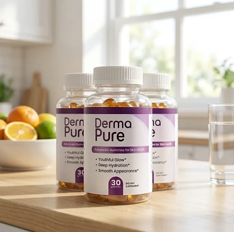 Three DermaPure bottles on a kitchen counter beside a bowl of citrus fruit and a glass of water
