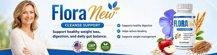 FloraNew cleanse support banner with made in USA, GMP and natural ingredients badges