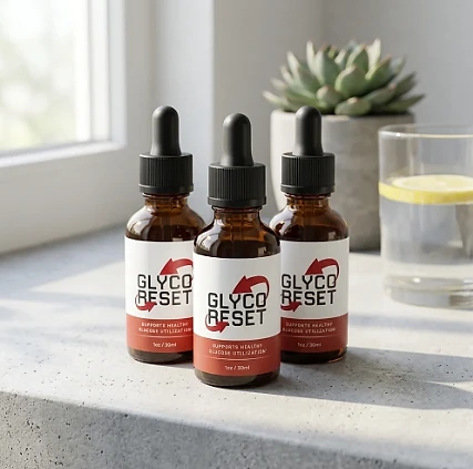 Three GlycoReset dropper bottles on a stone windowsill