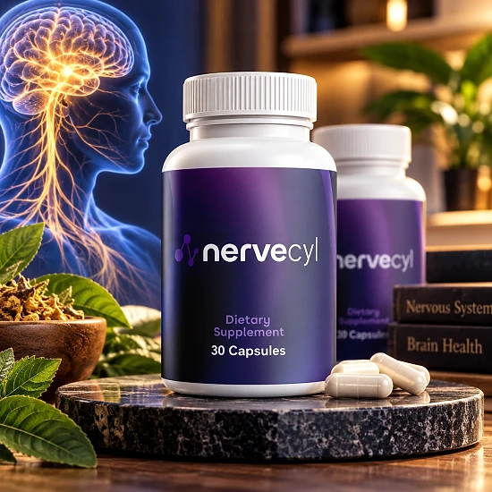 Two Nervecyl bottles with capsules next to an illustration of the nervous system