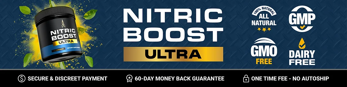 Nitric Boost: all natural, GMP, GMO-free and dairy-free badges with a 60-day money-back guarantee
