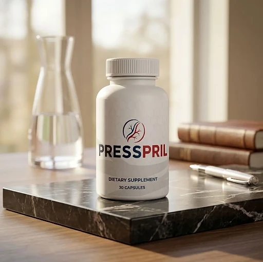 PressPril bottle on a desk beside a carafe of water