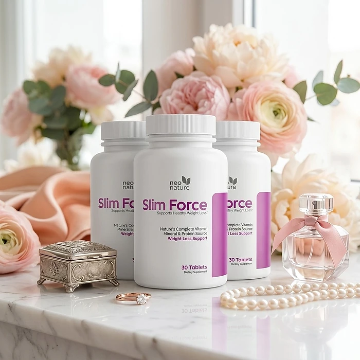 Three Slim Force bottles on a marble counter in front of pink and cream peonies