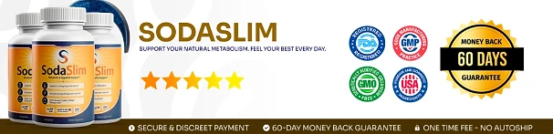 SodaSlim: FDA-registered, GMP, GMO-free, USA and 60-day money-back guarantee badges